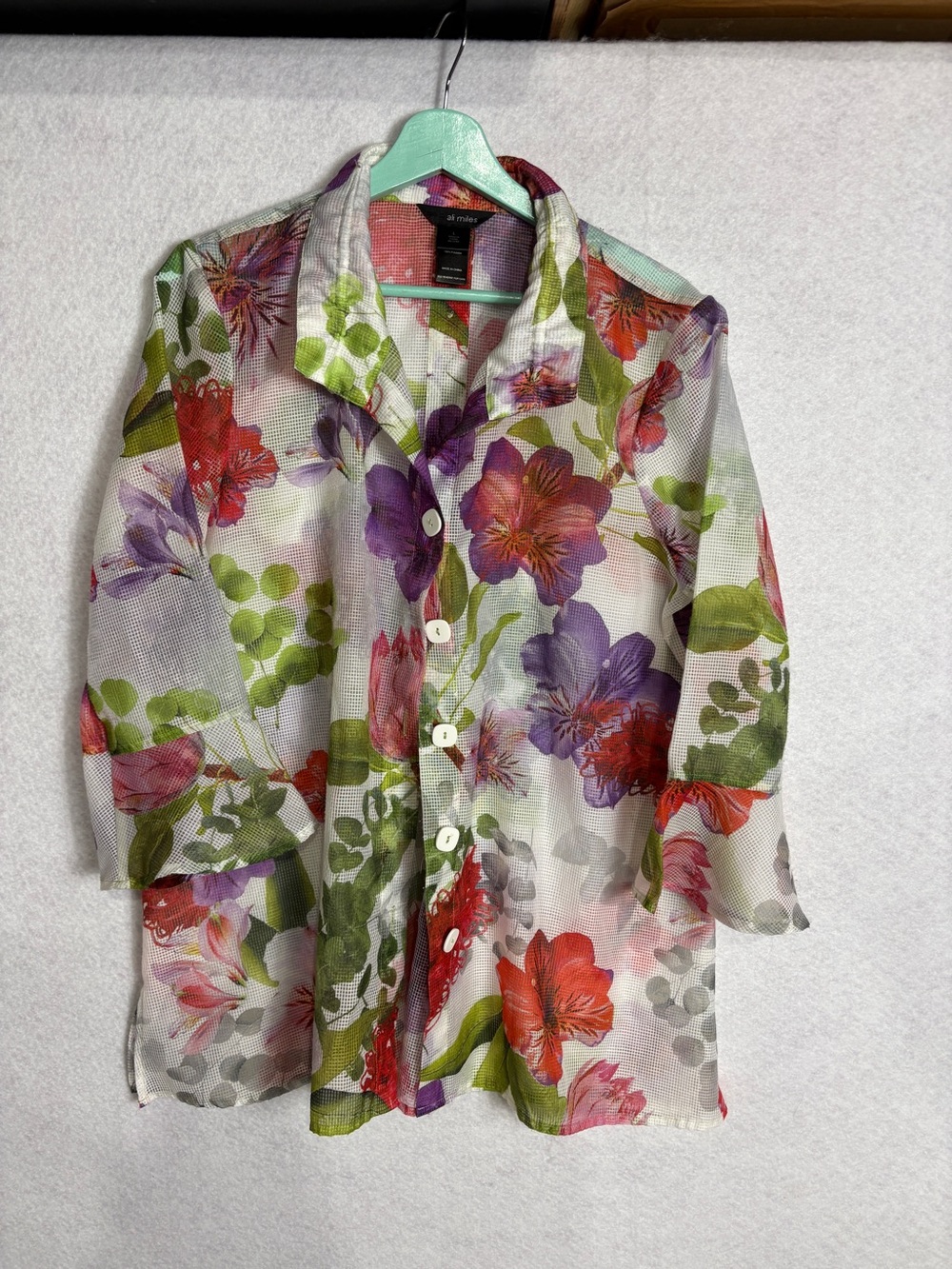 Ali Miles Sheer Floral Button-Up Shirt - Multi Color Size Large